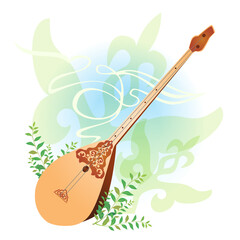 Postcard with Nauryz holiday. Dombra ornaments sprout with leaves. Vector illustration