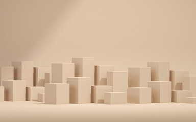 Abstract 3d render, white and beige geometric background design with cubes. Minimalist blank scene with squares, modern graphic design.
