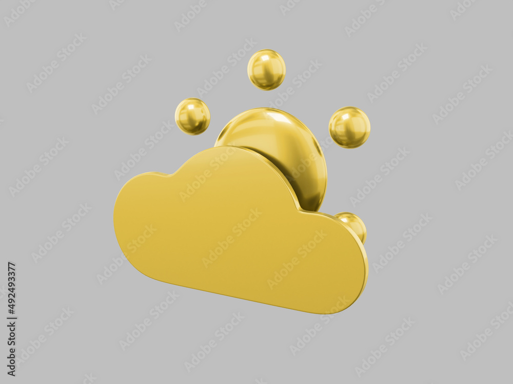 Poster golden one color cartoon sun behind cloud half view on gray flat background. minimalistic design obj