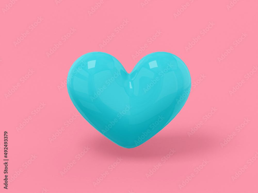 Poster stylized blue single color heart on a blue monochrome background. minimalistic design object. 3d ren