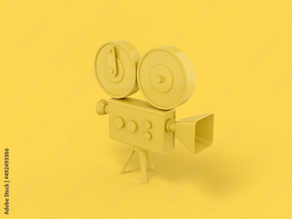 Poster yellow mono color retro video camera on a yellow solid background. minimalistic design object. 3d re