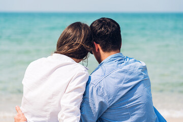 Vacation romantic love young happy smile couple in honeymoon travel holiday trip on sand at blue sky sea beach having fun and relaxing together on tropical beach.Summer travel