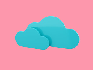 Two blue clouds single color on a pink monochrome background. Minimalistic design object. 3d rendering icon ui ux interface element.