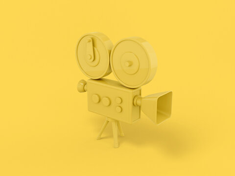 Yellow mono color retro video camera on a yellow solid background. Minimalistic design object. 3d rendering icon ui ux interface element.