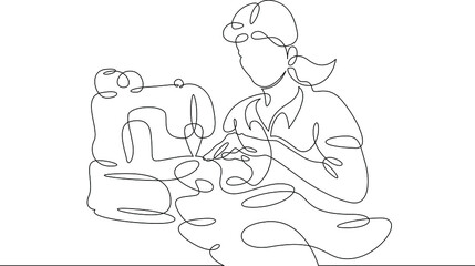 One continuous line.The fashion designer sews a dress. Seamstress works with sewing machine .Fashion designer, dressmaker, seamstress, sewing workshop or courses, tailoring concept.Working in atelier.