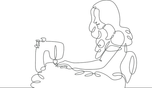 recommend clip art: One continuous line.The fashion designer sews a dress. Seamstress works with sewing machine .Fashion designer, dressmaker, seamstress, sewing workshop or courses, tailoring concept.Working in atelier.