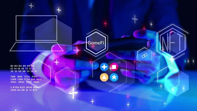 GameFi DeFi futuristic NFT non fungible token game items decentralized finance play to earn, online digital technology. Businessman with mobile phone graphic icon modern game business investment idea