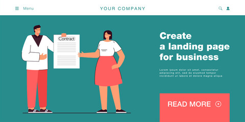 Company manager or businessman giving contract to employee. Man and woman with legal document flat vector illustration. Teamwork, partnership concept for banner, website design or landing web page