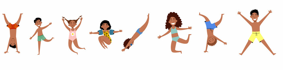 a set of happy African-American children. Girls and boys in bathing suits. Vector illustration in a flat style.