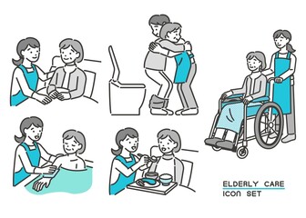 介護士（ケアマネージャー）がシニアを介護するベクターイラスト素材／車椅子／高齢者／福祉士