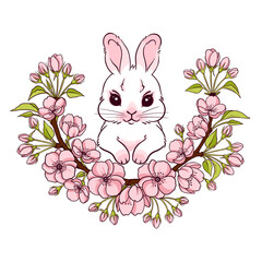 Little spring easter bunny surrounded by flowers of apple tree, pink sakura, wreath of flowers and bunny, hand drawn isolated on white background for printing