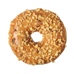 Caramel brown donut with nuts isolated on white.