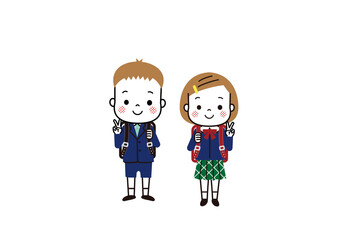 入学式　ランドセルを背負ってピースをしている男の子と女の子　