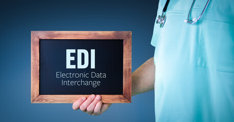 EDI (Electronic Data Interchange). Doctor shows sign/board with wooden frame. Background blue