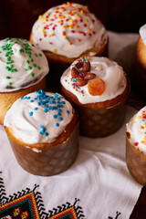 Easter sweet bread Orthodox kulich, paska and painted eggs. Prepearing for traditional Easter in Ukraine.