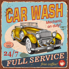 Vintage  Car Wash  poster with retro car.