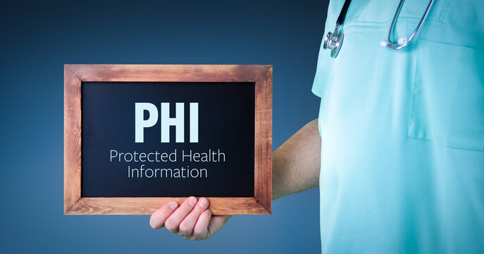 PHI (Protected Health Information). Doctor shows sign/board with wooden frame. Background blue