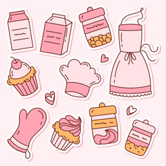 A set of stickers kitchen,cooking, baking. Cream cakes, apron and jars. Doodles isolated on a white background.