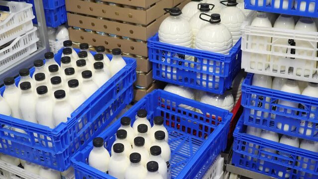 Image of crates of fresh farm cow's milk spilled in plastic bottles. High quality 4k footage