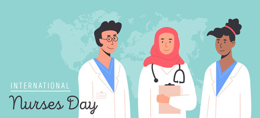 International nurses day web banner or poster template. Diverse team of female and male doctors, medical personnel standing together. Vector flat style illustration.