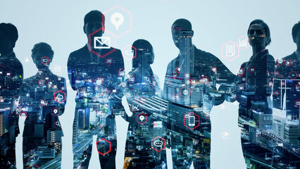 Silhouette of multinational people and modern society concept. Human resources. Digital...