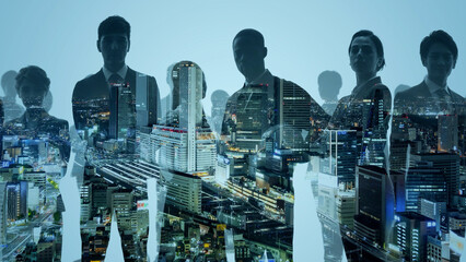 Silhouette of multinational people and modern society concept. Human resources. Digital...