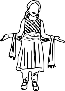 Line art illustration of girl kid wearing indian dress, Outline sketch of indian girl wearing traditional dress