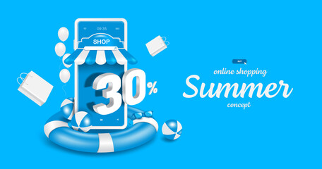 30% off 3d text on smartphone shop screens. and all object on the lifebuoy And there was a volleyball next to it for online shopping summer sale concept design