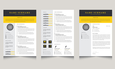 Resume Template with Resume and Cover Letter Layout Dark or Yellow Header and Gray Sidebar Accents