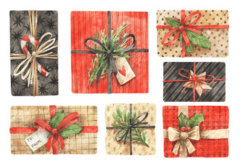 Christmas gift boxes. Watercolor set of different New Year gifts. Hand-drawn collection of presents decorated by candy cane, holly, fir tree branches, ribbon. Elements for Christmas greeting cards
