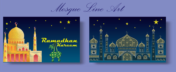 Fototapeta na wymiar mosque line art hand draw in the night with moon and stars