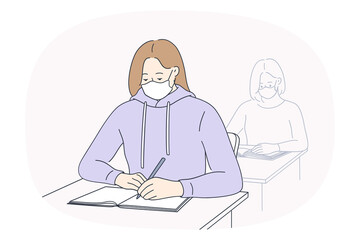 Students sit at desk in facemasks write in notebook study in school or university during covid-19. Girls in facial masks prepare task in college. Education in corona virus time. Vector illustration.  - obrazy, fototapety, plakaty