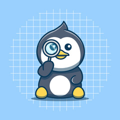 Cute penguin character holding a magnifying glass