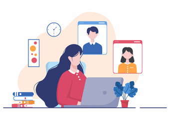 Conference Video Call by Remote Communication with Online Friends using a Smartphone or Computer via a Webcam for Working From Home in Flat Style Cartoon Illustration