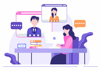 Conference Video Call by Remote Communication with Online Friends using a Smartphone or Computer via a Webcam for Working From Home in Flat Style Cartoon Illustration