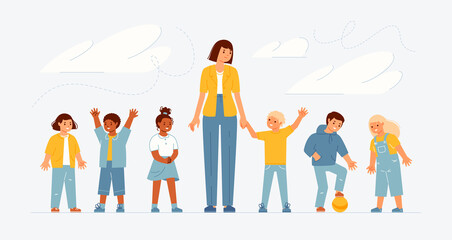 Fototapeta premium Сoncept of happy, free, safe childhood. Children, accompanied by teacher, play ball on street, communicate, laugh, make friends. Flat cartoon vector illustration.