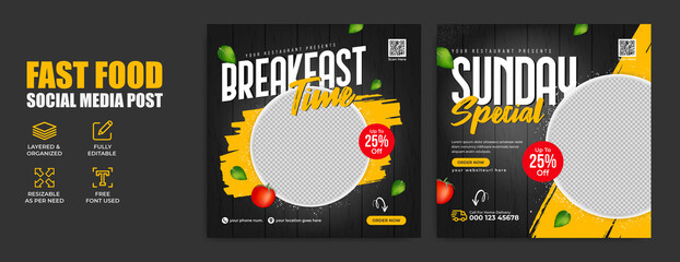 Fast food restaurant business marketing social media post or banner template design with abstract geometric background, logo and icon. Promotion flyer or web poster for pizza and vegetable burger.