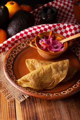 Quesadillas Doradas. Fried quesadillas made with corn tortillas, they can be filled with any dish or ingredient, such as meat, potato or fish such as marlin or tuna, popular during the Lenten season.