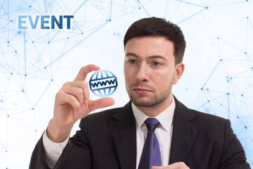 Business, technology, internet and network concept. Young businessman thinks over the steps for successful growth: