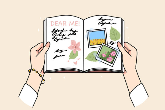 Woman hands hold diary read memories see pictures and photos from past. Female consider message or text in notebook. Note or mail to self concept. Flat vector illustration. 