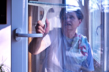 Fototapeta na wymiar Portrait of senior woman cleaning windows