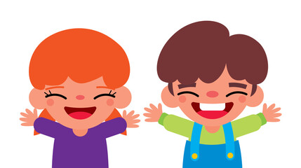 Happy Children's day. Cartoon cute and laughing children open arm poses. Vector character flat design