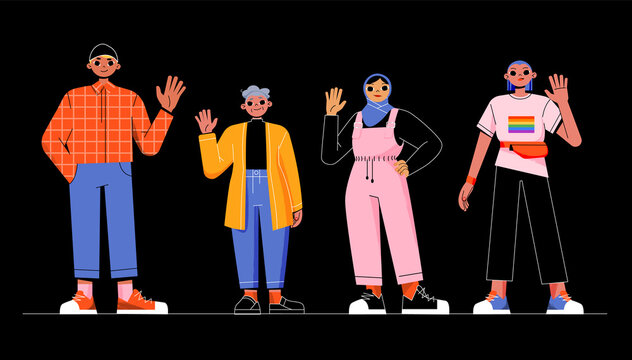 Diverse People Hello And Welcome Gesture. Multinational Characters Waving Hands, Happy Young Man, Senior Lady, Arab Girl And Lgbt Person Positive Greeting Gesturing, Line Art Flat Vector Illustration