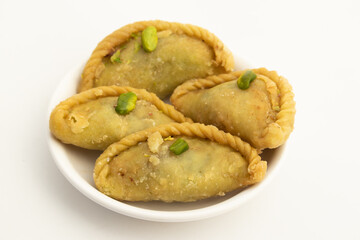 Thandai Gujia Mithai Also Called Gujiya Handpies, Pirukiya, Pirukia, Pedakiya, Karanji, Basundi Gughra Made Of Suji Doodh Ghee Stuffed With Mawa Khoya Chasni Mava Khoa For Deepawali, Teez, Holi Teej