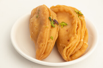 Sindhi Gujia Mithai Also Called Praghree Gujiya, Praghri, Pragri, Karanji, Khaja, Halwe Ja Sambosa Made Of Ghee Stuffed With Mawa Khoya Chasni Mava Khoa Is Enjoyed On Deepawali, Teez, Holi And Teej