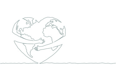 Vector illustration of the continuous line drawing of the heart and world. Save the world. Love the world. The happy world day.