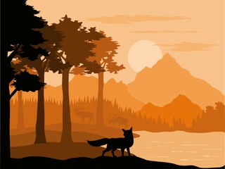 silhouette of a deer and fox on the sunset