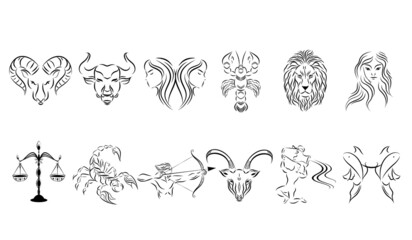 Zodiac signs.a set of vector illustrations.Black silhouette of aries.taurus,gemini,cancer,leo,virgo,libra,scorpio.sagittarius,capricorn,aquarius,pisces isolated on a white background.