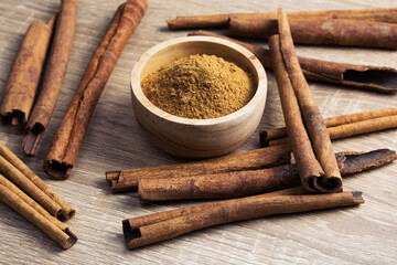 Cinnamon powder in a wooden cup surrounded by cinnamon sticks