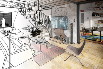 Attic Loft Conversion With Spiral Staircase & Living Room (drawing) - 3d visualization